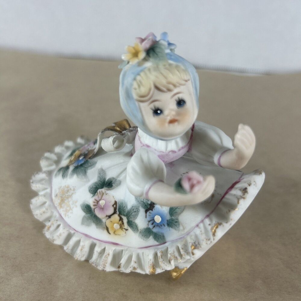 LEFTON Blue BLOOMER GIRL Bending Over Picking Flower Figurine Vintage Japan - Picture 14 of 14